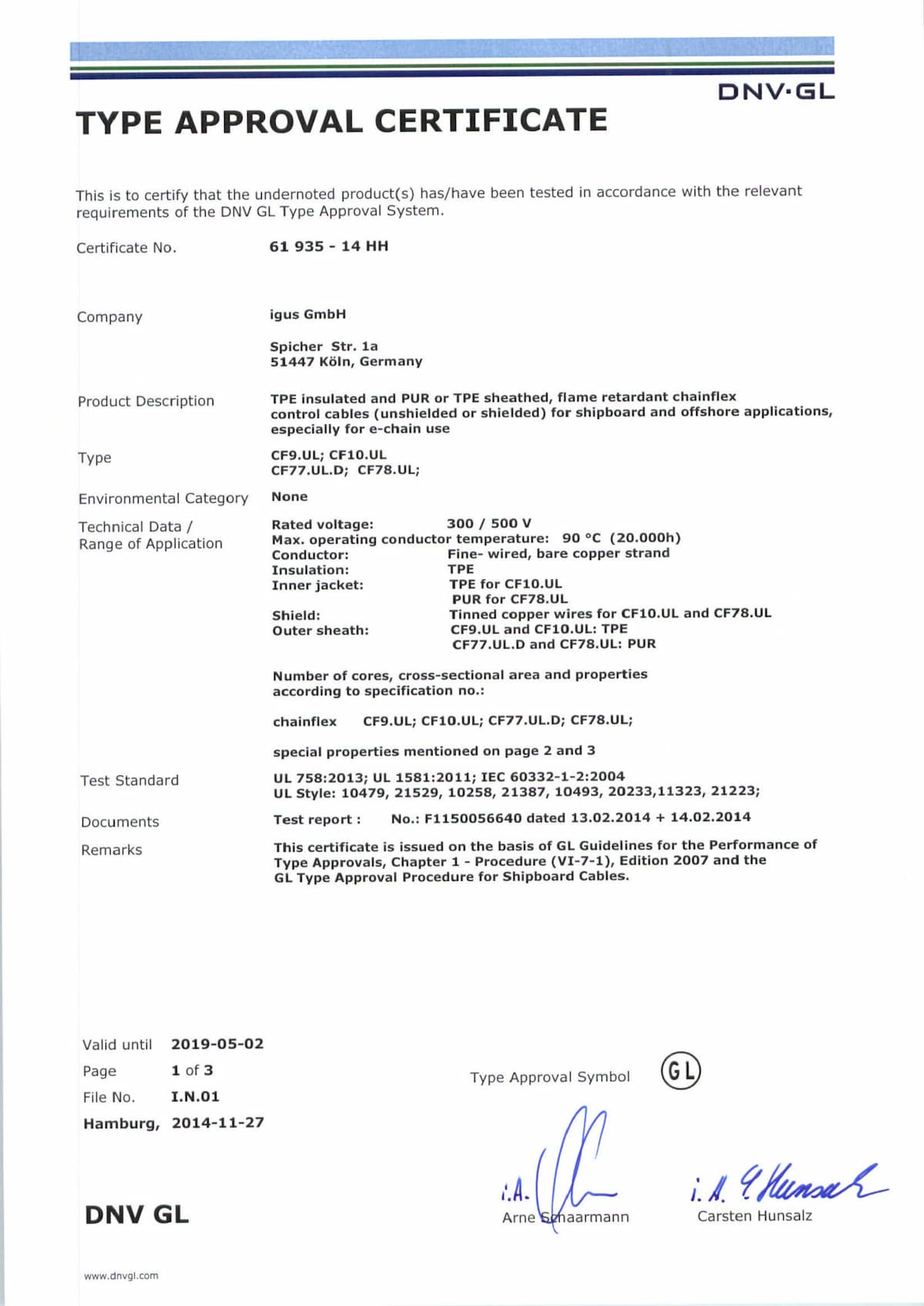 Zertifikat Baumusterprüfung DNV-GL