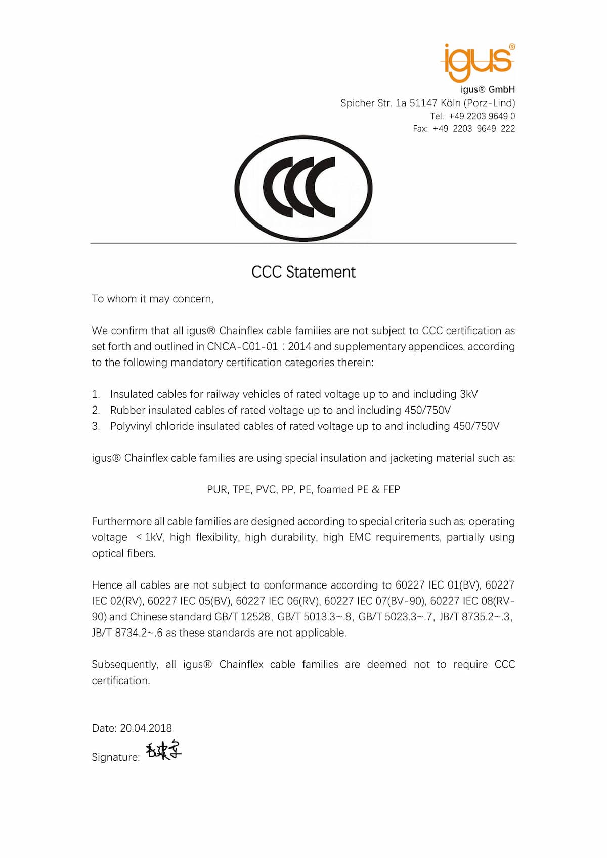 Zertifikat CCC chainflex® Motorleitung CFROBOT7