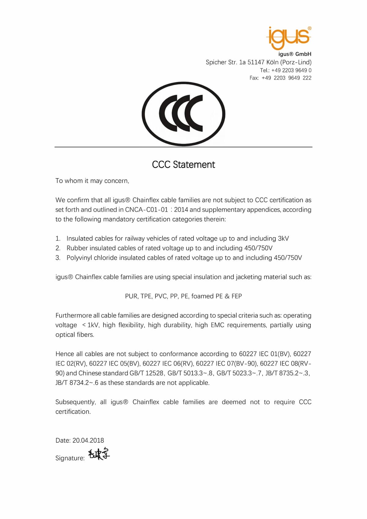 Zertifikat CCC chainflex® Thermo-Ausgleichsleitung CFTHERMO