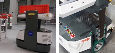 FTS der Firma Knapp mit drylin® ZLW Zahnriemenachsen an der Hubplattform