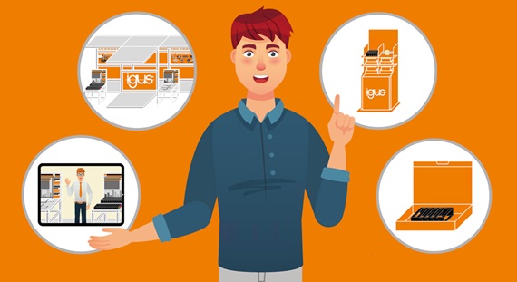 Service-Angebote: Virtuelle Messe, Hausmesse, igus Musteraufsteller, individuelles Musterpakete